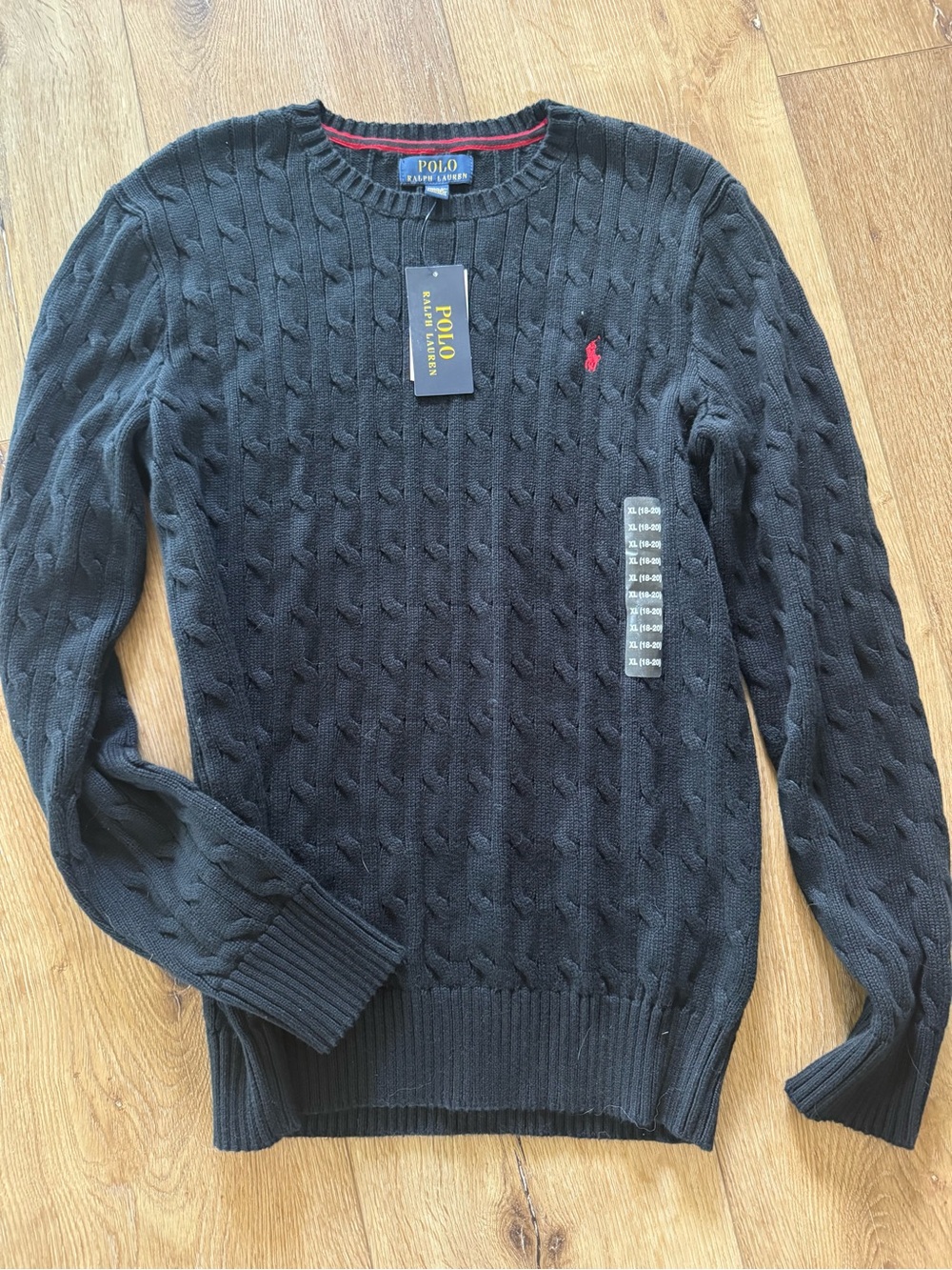 Polo by Ralph Lauren Black Cable-Knit Crewneck with Red Pony